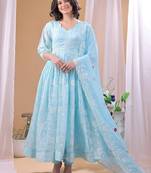 Blue floral embroidered georgette stitched anarkali churidar kurta set with dupatta
