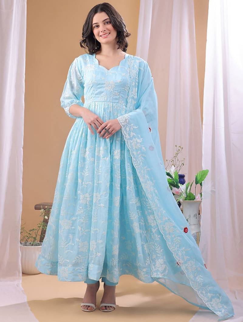 Blue floral embroidered georgette stitched anarkali churidar kurta set with dupatta