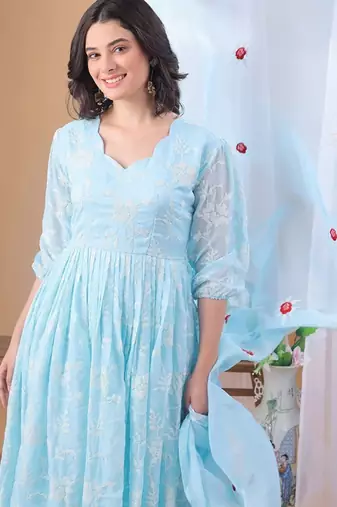 Blue floral embroidered georgette stitched anarkali churidar kurta set with dupatta