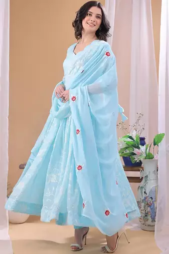Blue floral embroidered georgette stitched anarkali churidar kurta set with dupatta
