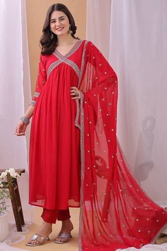 Red floral embroidered georgette stitched anarkali kurta set with trousers & dupatta