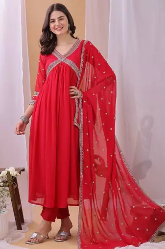 Red floral embroidered georgette stitched anarkali kurta set with trousers & dupatta