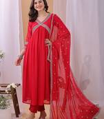Red floral embroidered georgette stitched anarkali kurta set with trousers & dupatta