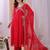 Red floral embroidered georgette stitched anarkali kurta set with trousers & dupatta