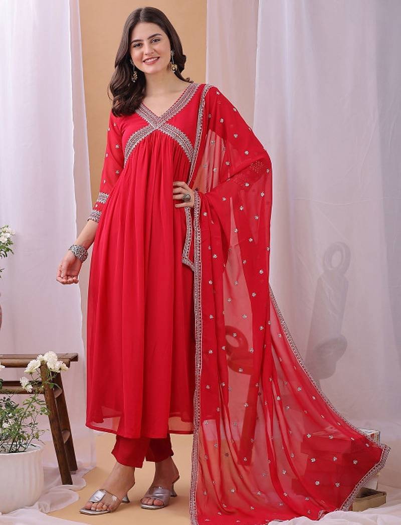 Red floral embroidered georgette stitched anarkali kurta set with trousers & dupatta