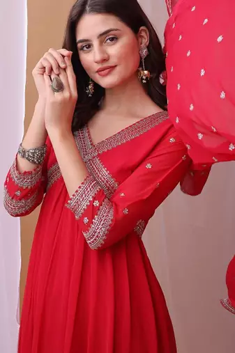Red floral embroidered georgette stitched anarkali kurta set with trousers & dupatta