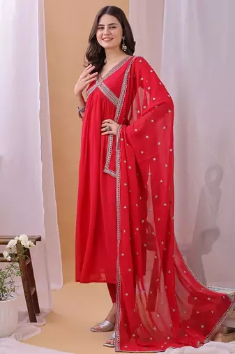 Red floral embroidered georgette stitched anarkali kurta set with trousers & dupatta