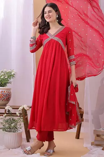 Red floral embroidered georgette stitched anarkali kurta set with trousers & dupatta