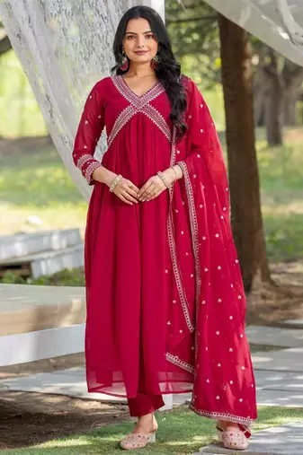 Pink floral embroidered georgette stitched anarkali kurta set with trousers & dupatta