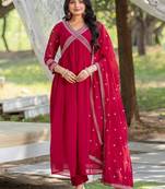 Pink floral embroidered georgette stitched anarkali kurta set with trousers & dupatta