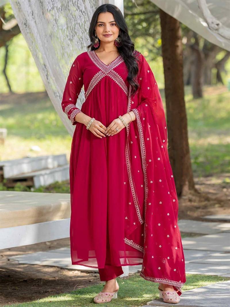 Pink floral embroidered georgette stitched anarkali kurta set with trousers & dupatta