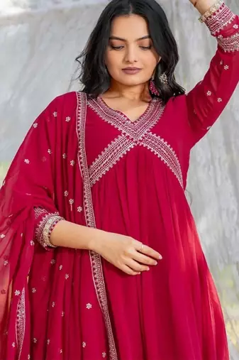 Pink floral embroidered georgette stitched anarkali kurta set with trousers & dupatta
