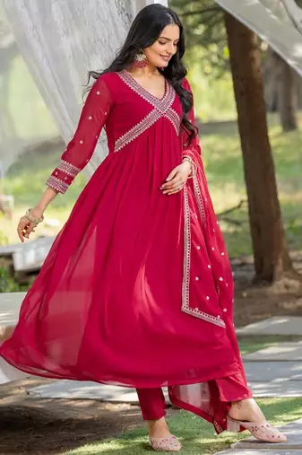 Pink floral embroidered georgette stitched anarkali kurta set with trousers & dupatta