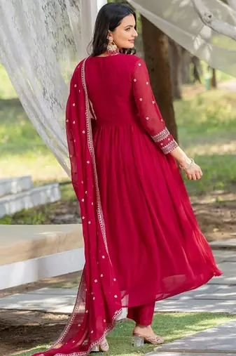Pink floral embroidered georgette stitched anarkali kurta set with trousers & dupatta