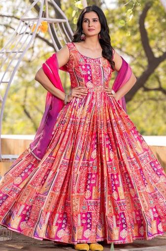 Orange embroidered stitched anarkali kurta set with dupatta