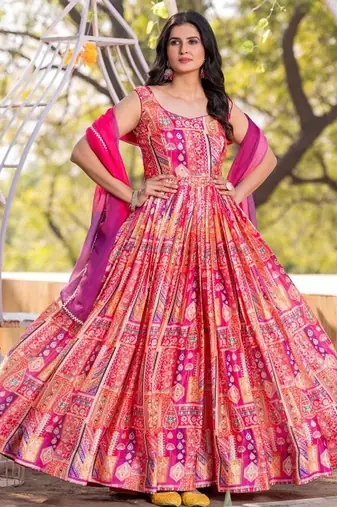 Orange embroidered stitched anarkali kurta set with dupatta