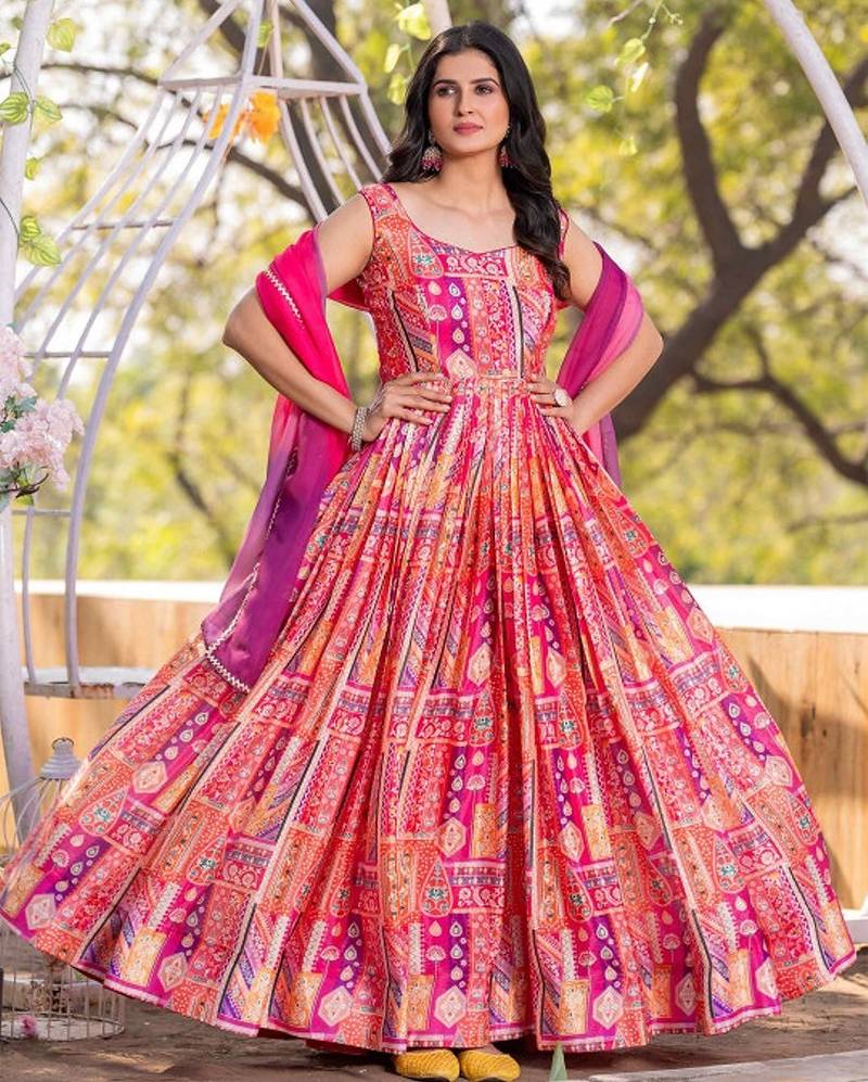 Orange embroidered stitched anarkali kurta set with dupatta