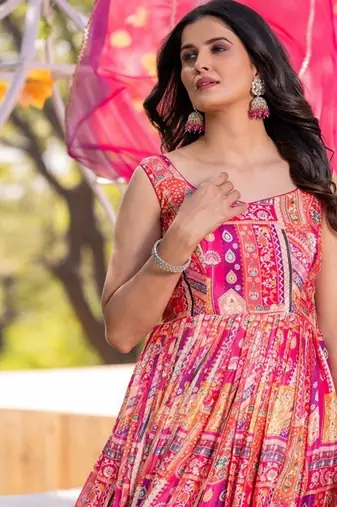 Orange embroidered stitched anarkali kurta set with dupatta