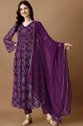 Purple bandhani printed georgette stitched a-line kurta set with trousers & dupatta
