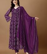 Purple bandhani printed georgette stitched a-line kurta set with trousers & dupatta