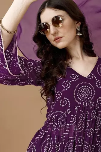 Purple bandhani printed georgette stitched a-line kurta set with trousers & dupatta