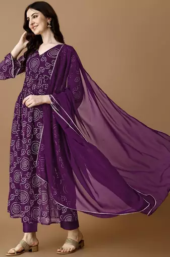 Purple bandhani printed georgette stitched a-line kurta set with trousers & dupatta