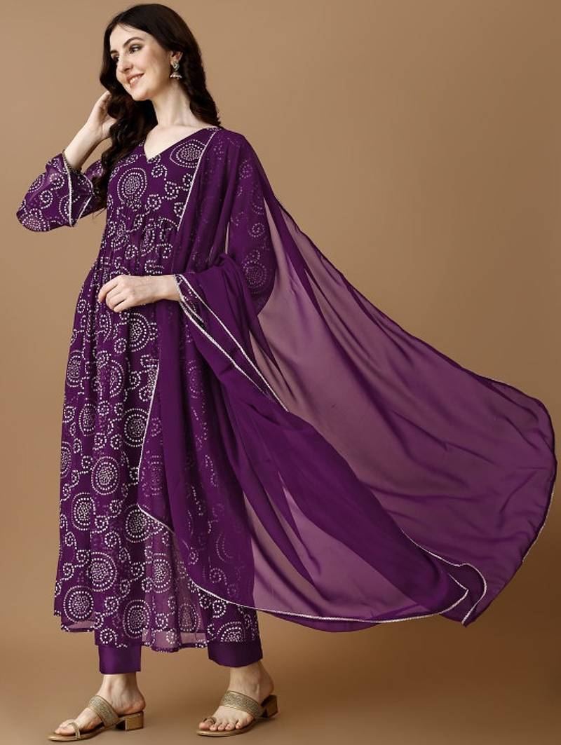 Purple bandhani printed georgette stitched a-line kurta set with trousers & dupatta