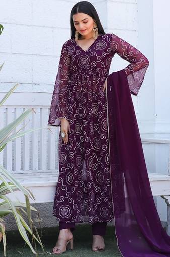 Purple bandhani printed georgette stitched a-line kurta set with trousers & dupatta