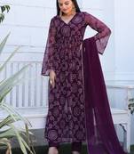 Purple bandhani printed georgette stitched a-line kurta set with trousers & dupatta