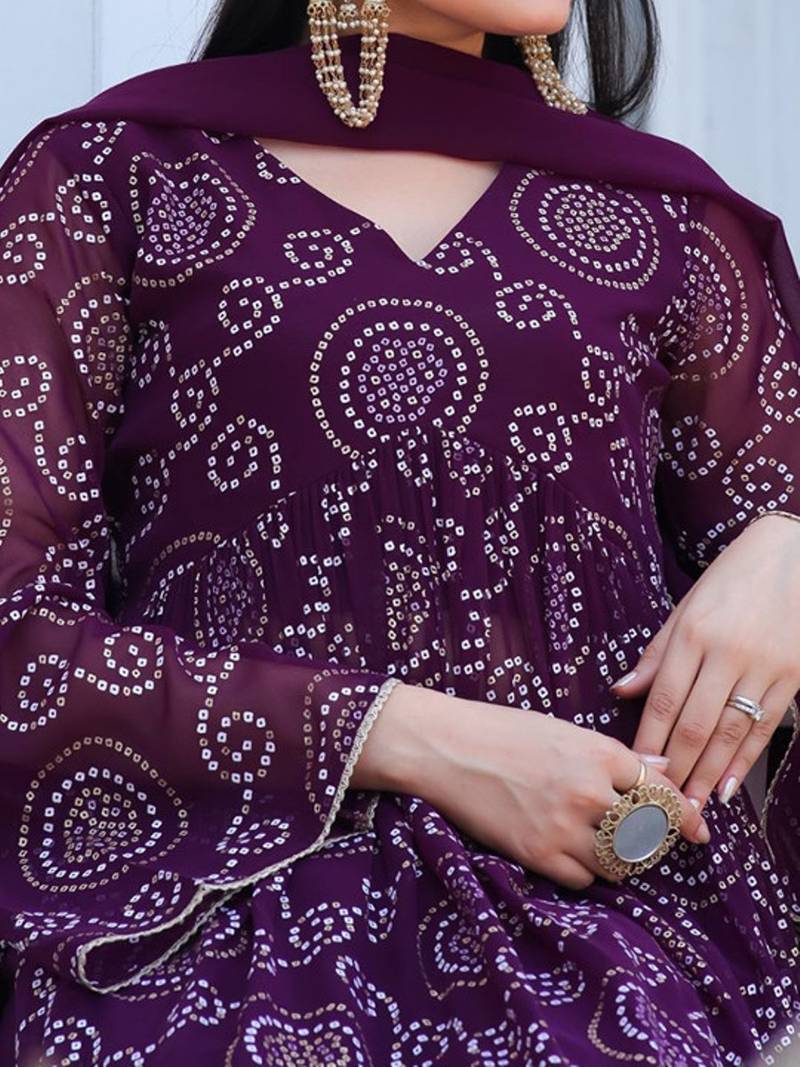 Purple bandhani printed georgette stitched a-line kurta set with trousers & dupatta