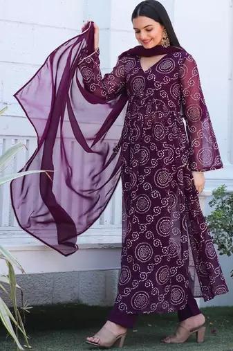 Purple bandhani printed georgette stitched a-line kurta set with trousers & dupatta