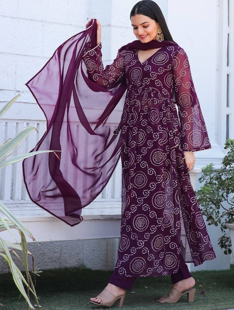Purple bandhani printed georgette stitched a-line kurta set with trousers & dupatta