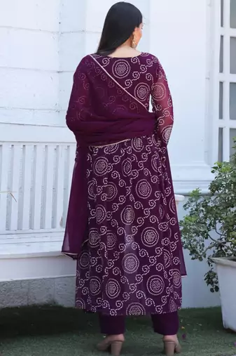 Purple bandhani printed georgette stitched a-line kurta set with trousers & dupatta