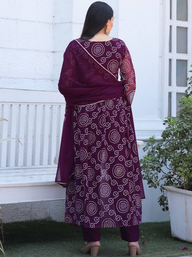 Purple bandhani printed georgette stitched a-line kurta set with trousers & dupatta