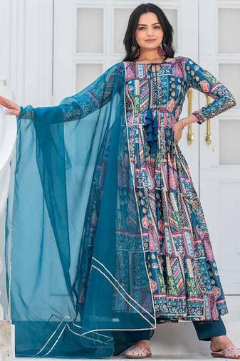 Teal-blue patch work silk stitched a-line kurta set with trousers & dupatta