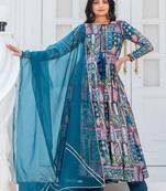 Teal-blue patch work silk stitched a-line kurta set with trousers & dupatta