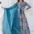 Teal-blue patch work silk stitched a-line kurta set with trousers & dupatta