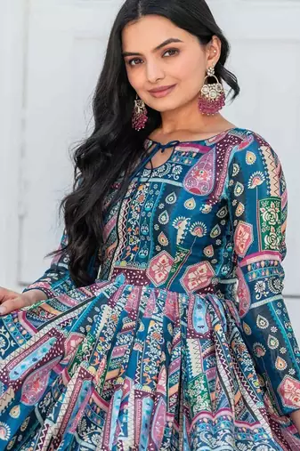 Teal-blue patch work silk stitched a-line kurta set with trousers & dupatta