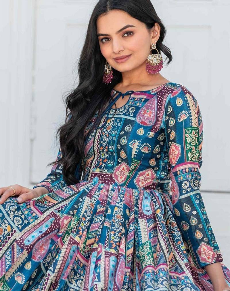 Teal-blue patch work silk stitched a-line kurta set with trousers & dupatta