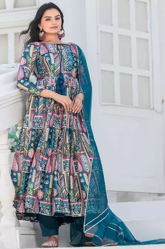Teal-blue patch work silk stitched a-line kurta set with trousers & dupatta