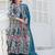 Teal-blue patch work silk stitched a-line kurta set with trousers & dupatta