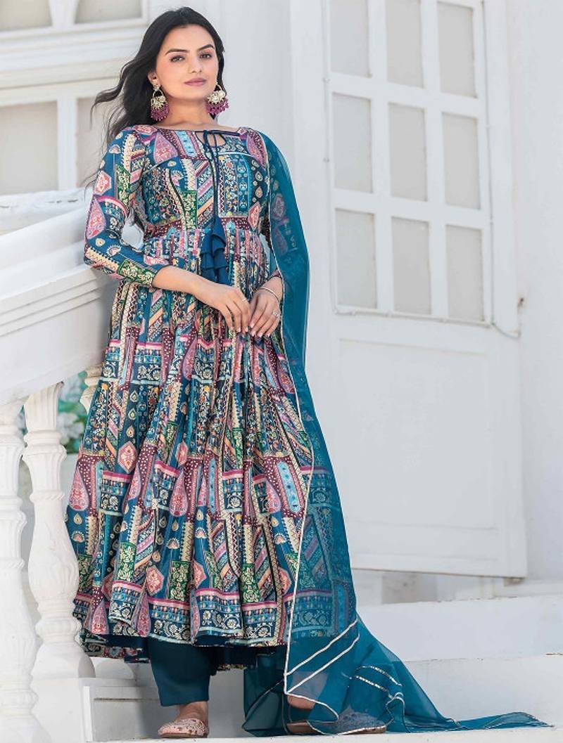 Teal-blue patch work silk stitched a-line kurta set with trousers & dupatta