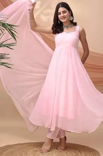 Pink sequin embellished georgette stitched a-line kurta set with trousers & dupatta