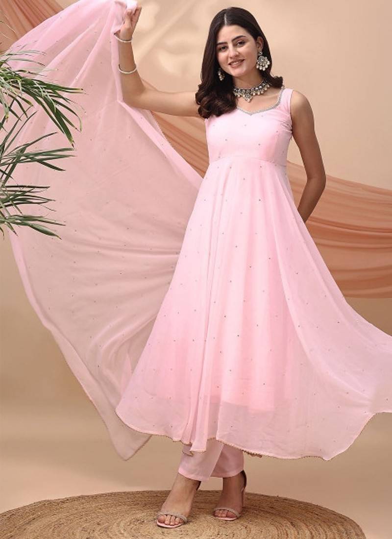 Pink sequin embellished georgette stitched a-line kurta set with trousers & dupatta