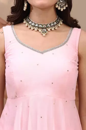 Pink sequin embellished georgette stitched a-line kurta set with trousers & dupatta