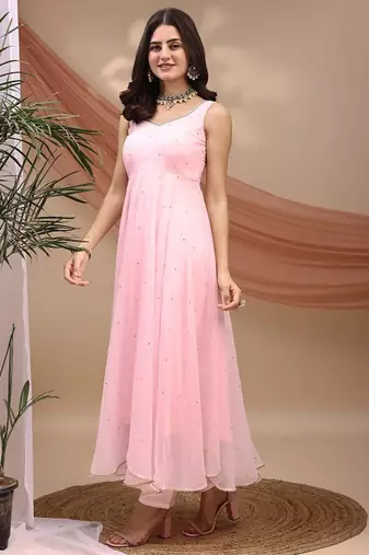 Pink sequin embellished georgette stitched a-line kurta set with trousers & dupatta