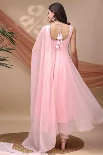 Pink sequin embellished georgette stitched a-line kurta set with trousers & dupatta