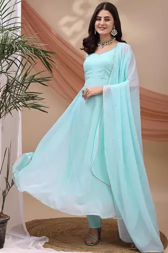 Sky blue sequin embellished georgette stitched a-line kurta set with trousers & dupatta