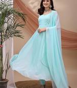 Sky blue sequin embellished georgette stitched a-line kurta set with trousers & dupatta