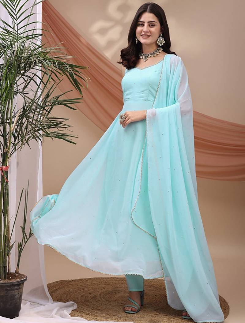 Sky blue sequin embellished georgette stitched a-line kurta set with trousers & dupatta